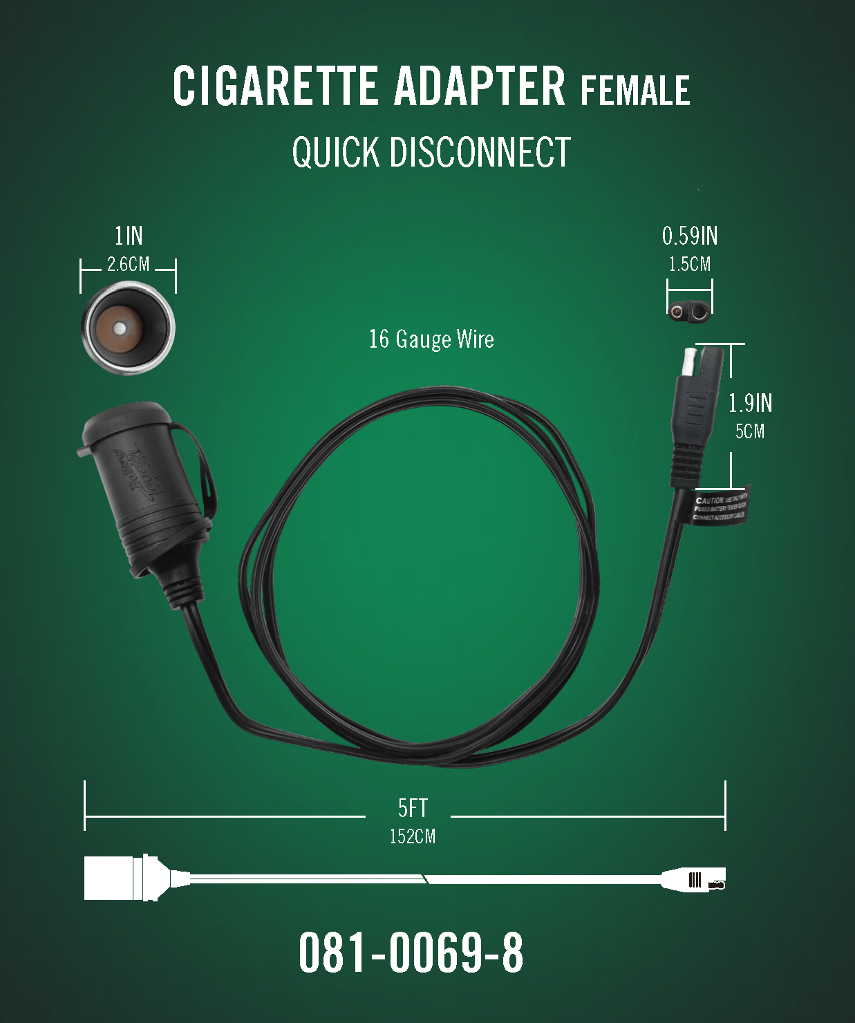 Female Cigarette Adapter 5 Foot 12V Accessory Cable - Battery Tender®